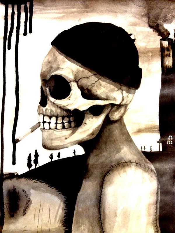 Scull. Made on A4 with aquarelle and tattoo-ink.